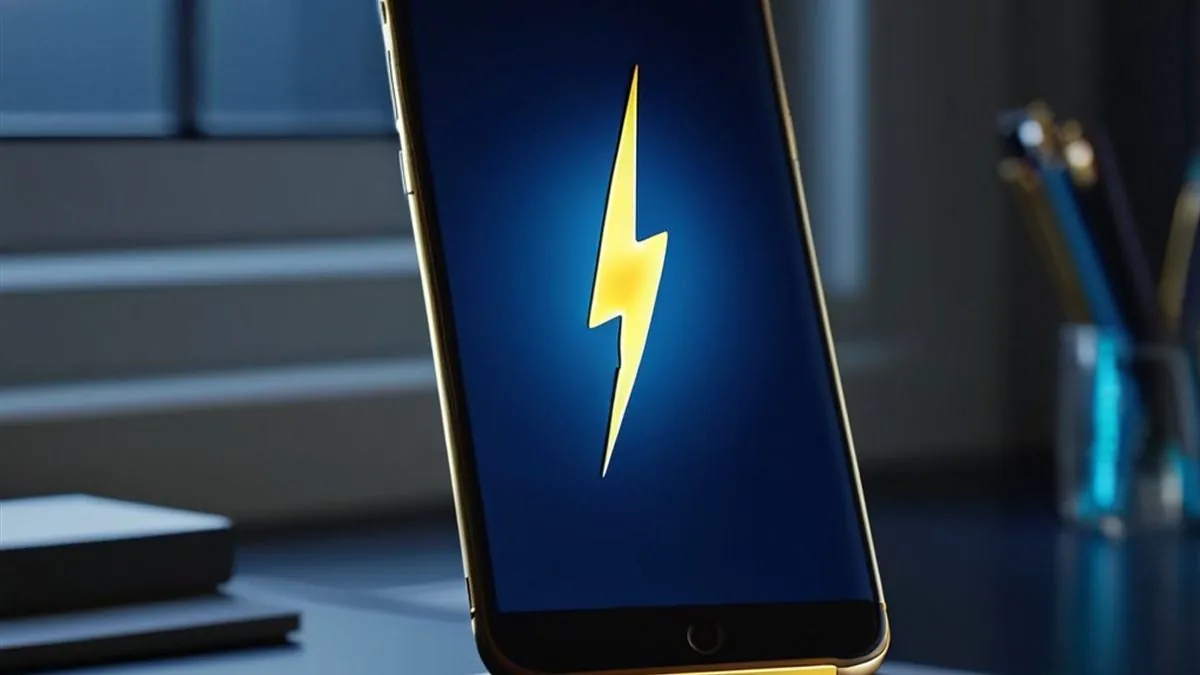 Celular en una base con un rayo dorado luminoso en pantalla azul