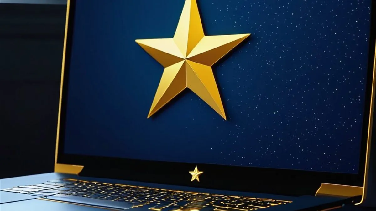 Laptop con una estrella dorada grande en la pantalla azul oscura