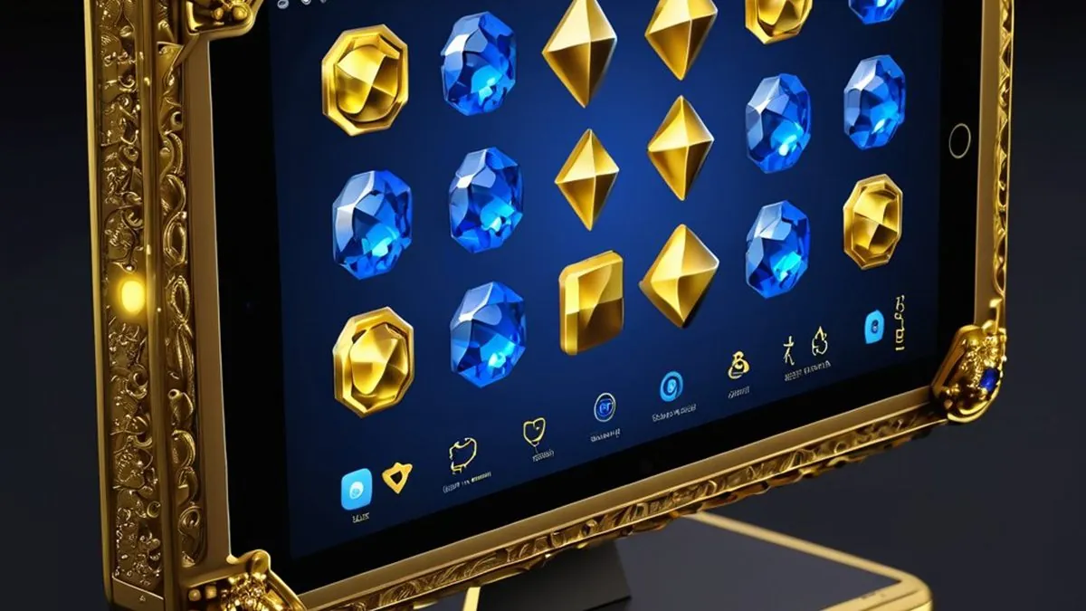 Tablet en un marco dorado con una cuadrícula de gemas azules y doradas en pantalla